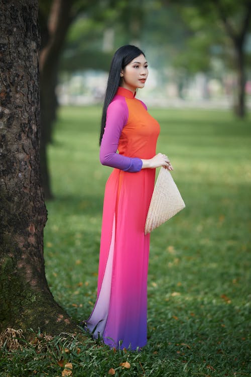 Free Woman in a Colorful Dress Holding an Asian Conical Hat Stock Photo