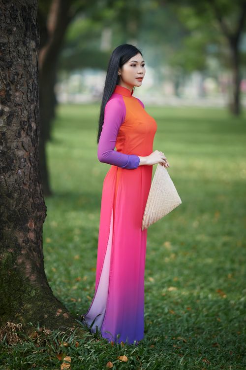 Free A woman in vibrant ao dai holding a conical hat stands gracefully in a park setting. Stock Photo