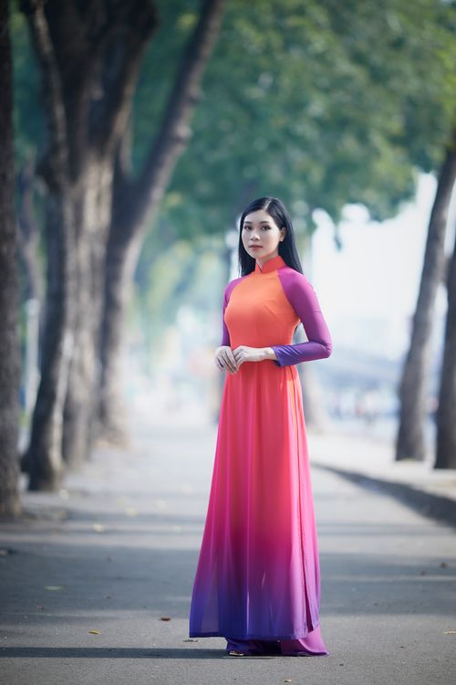 Free A beautiful Asian woman stands elegantly in a colorful ao dai on a tree-lined path. Stock Photo