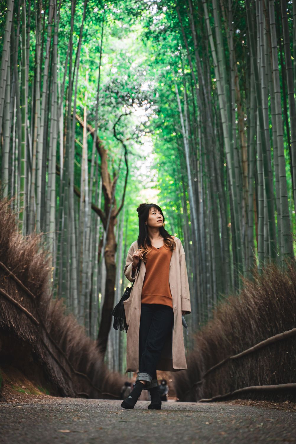 A Woman in a Brown Coat Standing Between the Bamboo Trees · Free Stock ...