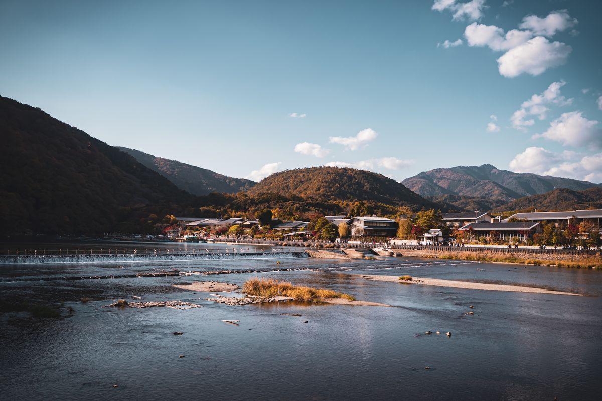 Beautiful landscape of Arashiyama mountains and river in Kyoto, Japan