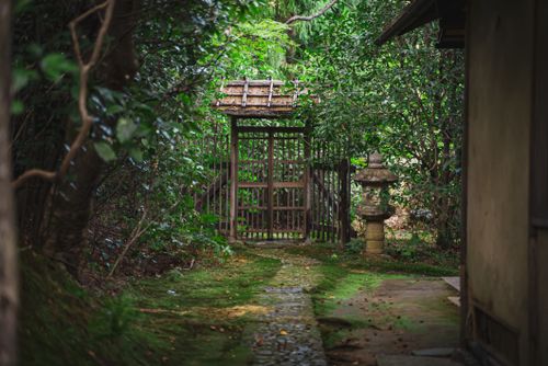 Free Beautiful wooden gate surrounded by lush greenery in a serene Kyoto garden. Stock Photo