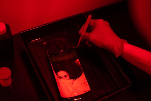 Free A photograph being developed in a darkroom, illuminated by red light, featuring delicate handling. Stock Photo
