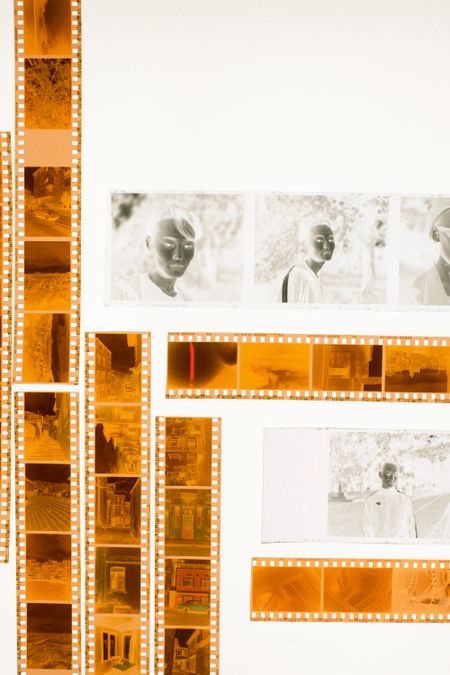 35mm film strips on illuminated light table