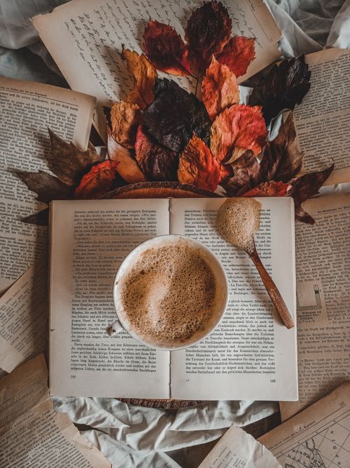 Free Warm autumn scene with an open book, coffee cup, and colorful leaves creating a cozy reading atmosphere. Stock Photo
