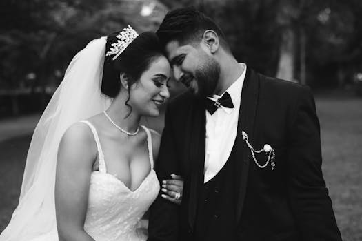 Romantic black and white photo of a smiling bride and groom sharing a moment outdoors.