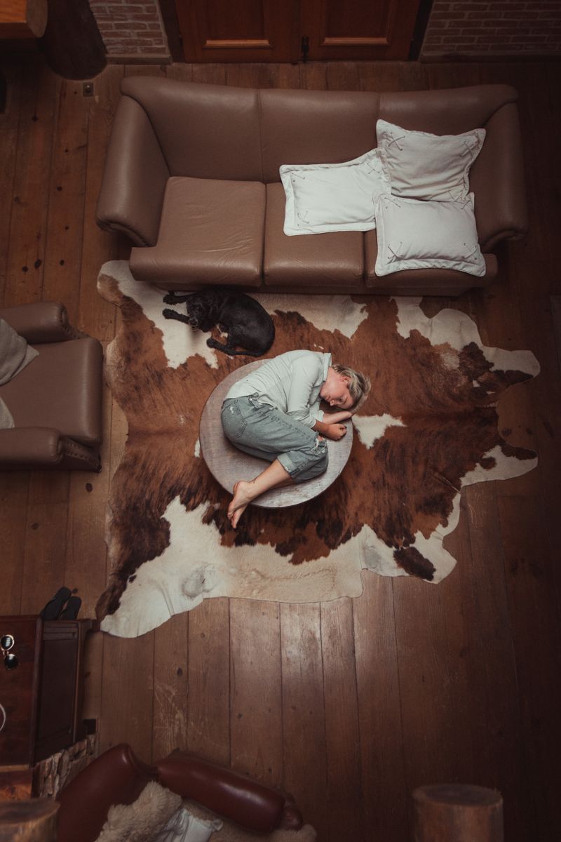 Cowhide rug in a cozy family room setting