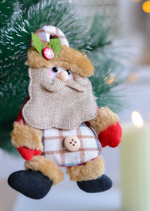 Close-Up Shot of Santa Claus Decoration Hanging on a Christmas Tree