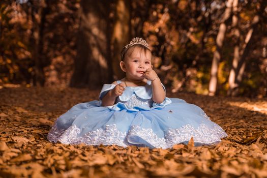 Adorable toddler in a blue dress and tiara sitting on autumn leaves.