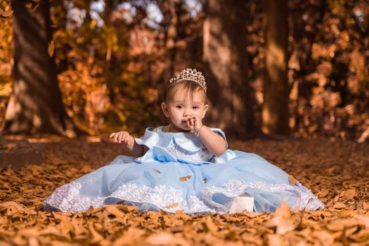 Charming toddler in a blue gown playing in the fall forest, surrounded by golden leaves.