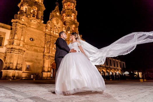 Romantic wedding couple posing in front of a historic church at night. The bride's veil gracefully flowing.