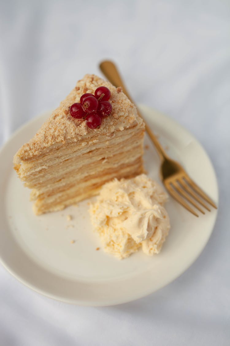 Piece Of Birthday White Cake With Red Berries And Meringue