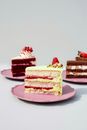 Pieces of Various Birthday Cakes Presented on Pink Ceramic Plates