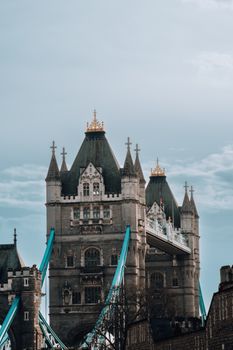 A stunning view of the Tower Bridge in London, England against a clear blue sky.