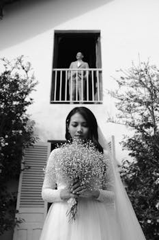 A serene black and white photo of an Asian bride holding a bouquet, with a groom in the background.
