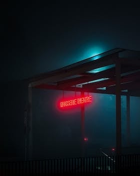 Atmospheric nighttime photo of a glowing neon sign that reads 'Brasserie Theatre' in a foggy setting.