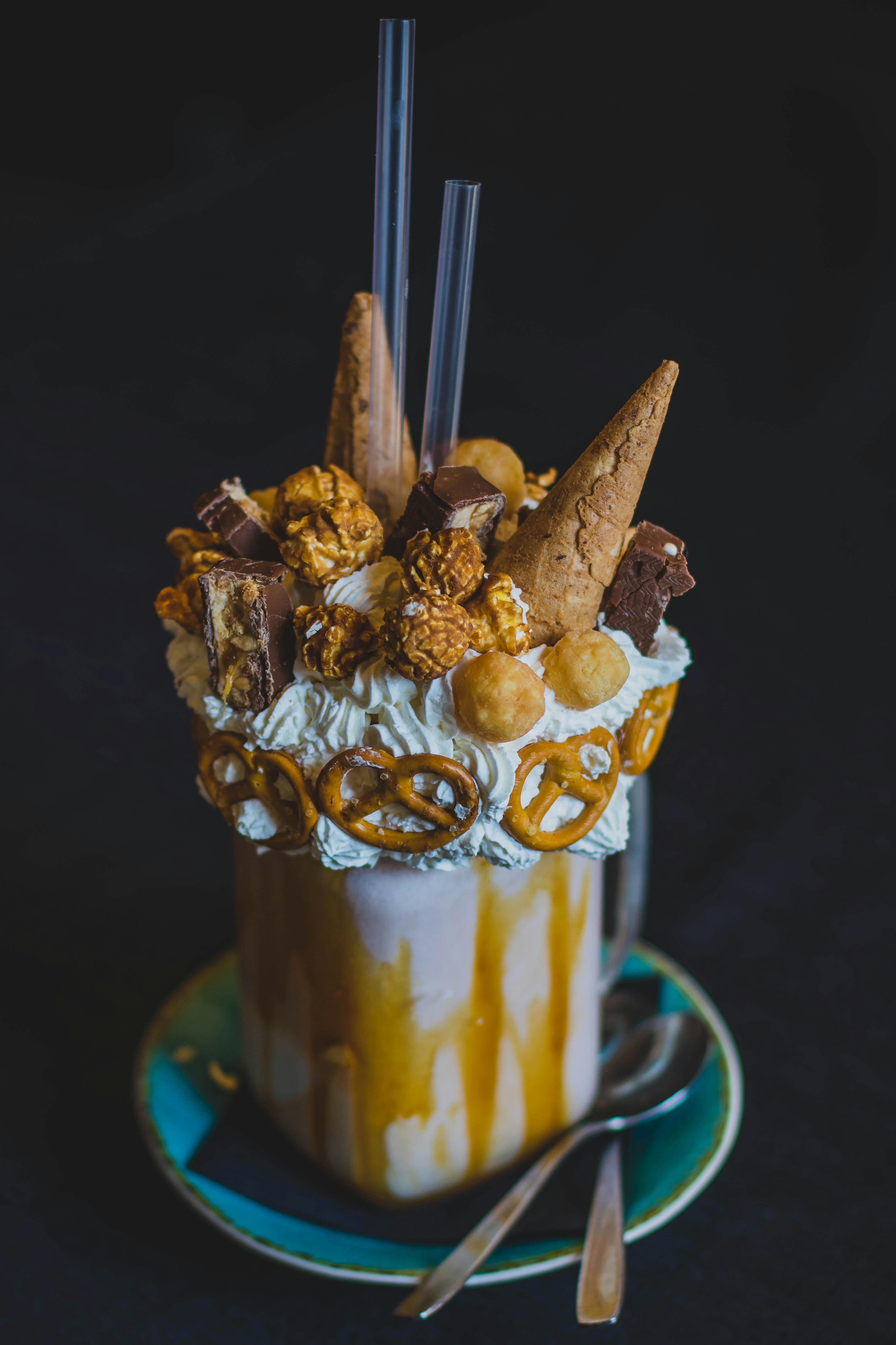 frappe with pretzels and chocolate cones