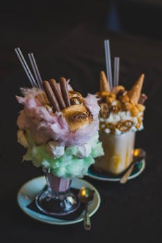 玻璃杯碟上放着两个创意奶昔，配以棉花糖、椒盐卷饼和威化棒