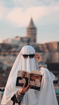 A person wearing a ghost costume reads a book outdoors near a historic tower.