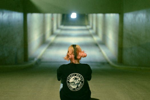 Back view of a young woman with pink hair sitting in a tunnel, wearing a Hawaii Beach shirt.