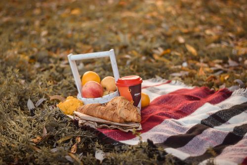 Free A cozy outdoor picnic setup with croissants, fruits, and coffee on a warm autumn day. Stock Photo