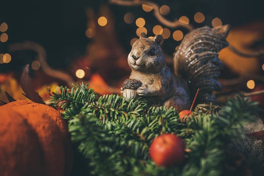 Charming squirrel ornament with evergreen and bokeh lights creates a cozy holiday feel.