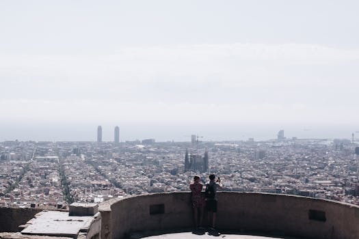 Breathtaking aerial view of Barcelona's skyline with iconic landmarks and clear sky, ideal for travel enthusiasts.