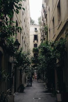 Explore the picturesque narrow alleyway of Barcelona's Gothic Quarter, adorned with lush greenery and architectural charm.