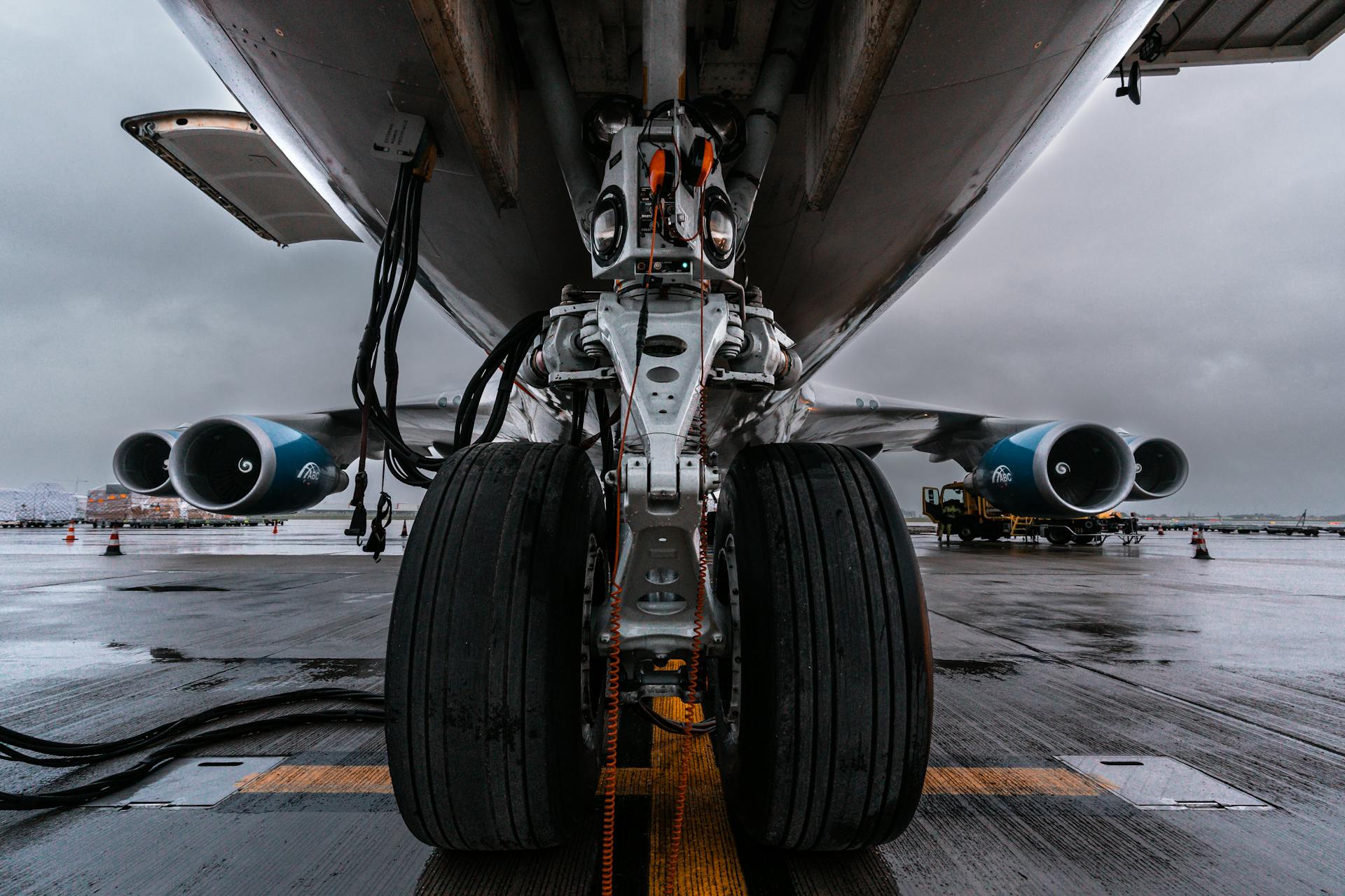 Detailed view of airplane landing gear on wet tarmac under gray skies.