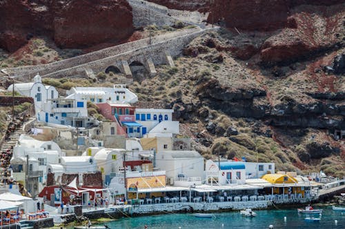 White and Blue Houses Beside Body of Water