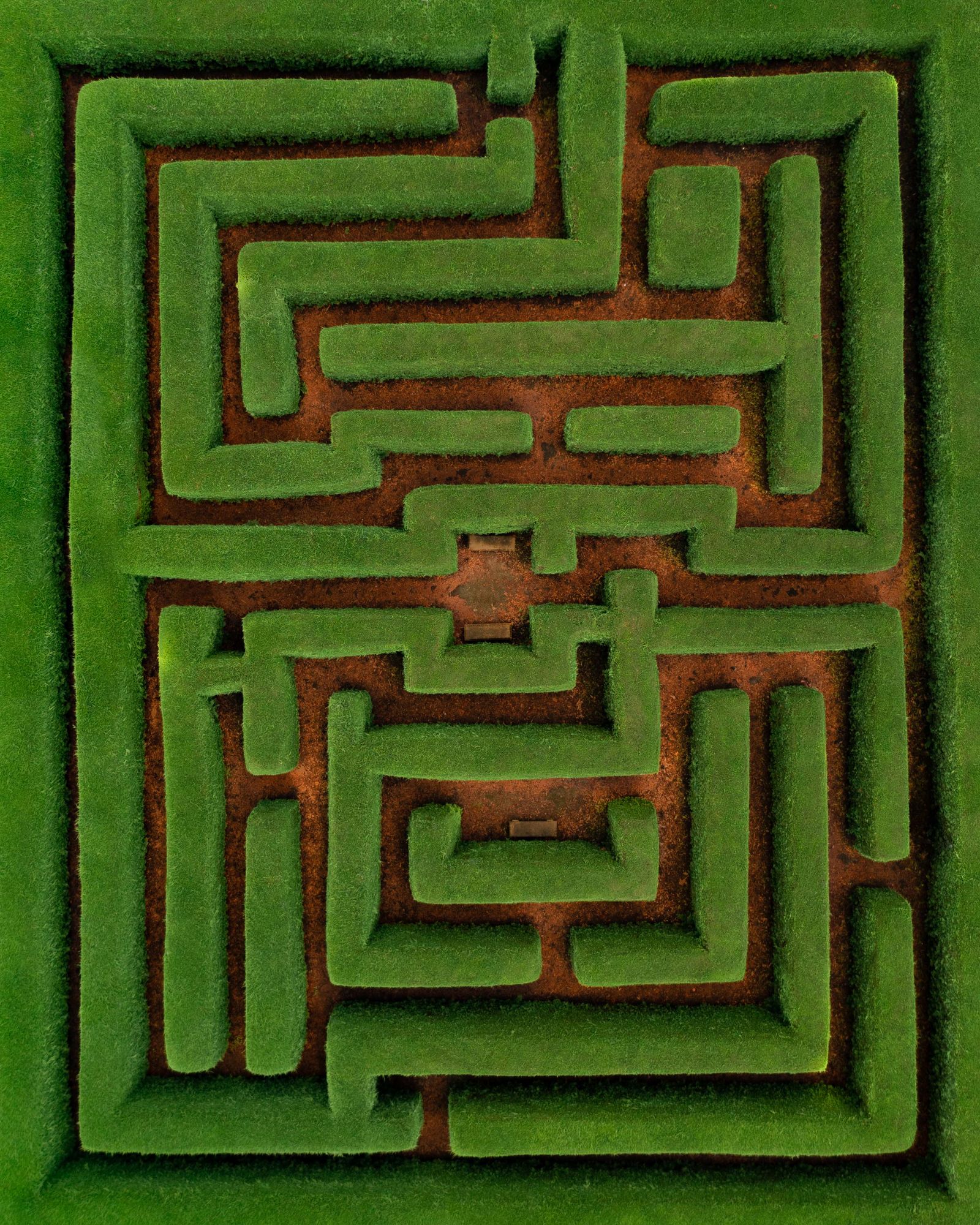 Aerial view of a green hedge maze