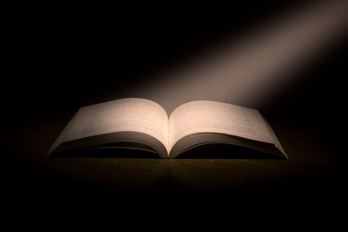 Imagem de um livro aberto sobre um fundo escuro e com um facho de luz incidindo sobre ele