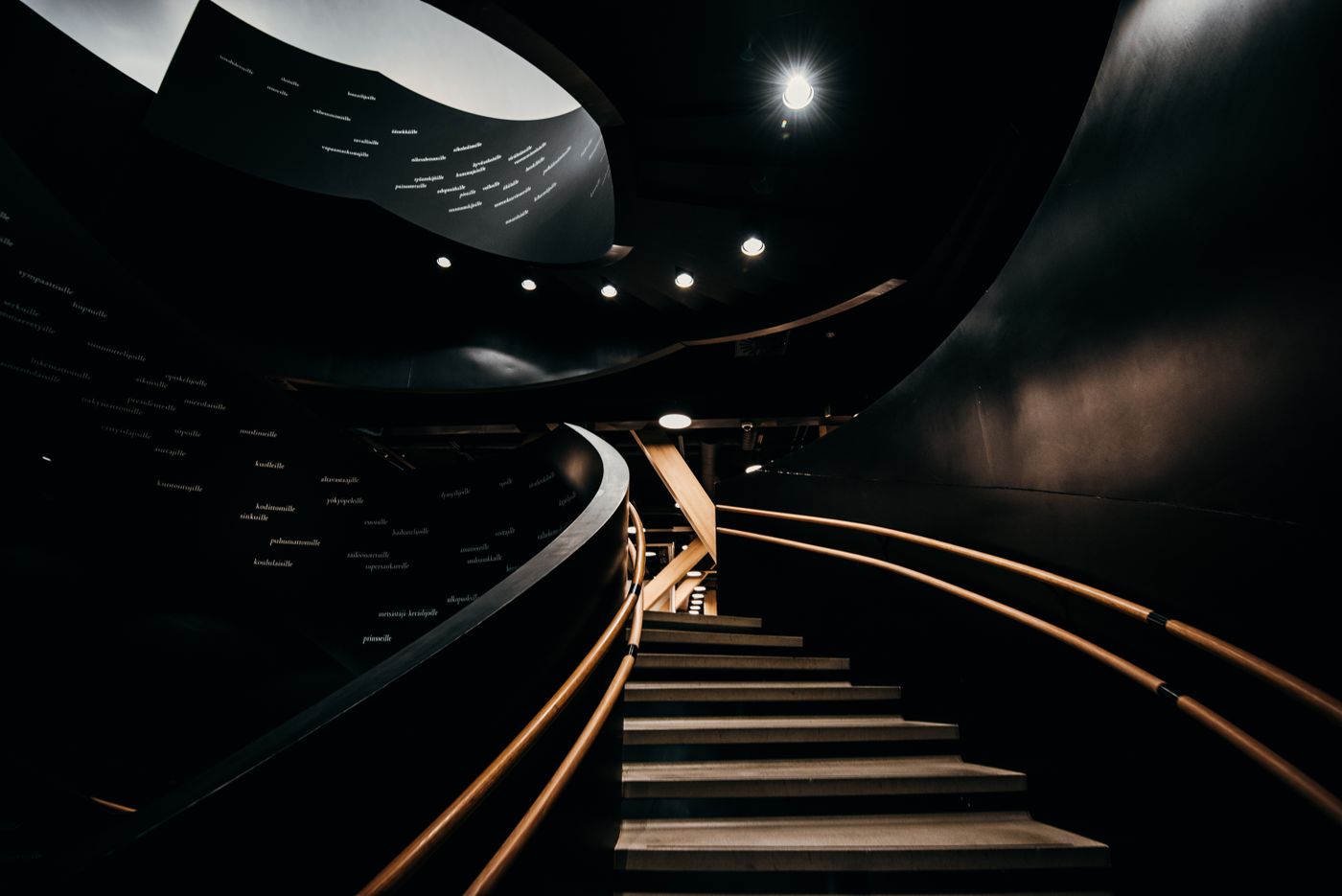 A dramatic black modern architectural interior with a curved staircase.