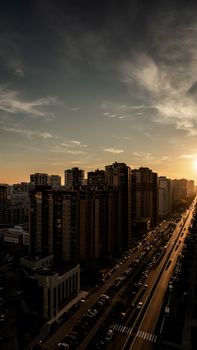 Explore a breathtaking cityscape with skyscrapers silhouetted against a vibrant sunset sky.