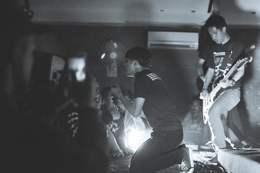 Dynamic black-and-white photo capturing the energy of a live concert performance with musicians and audience.