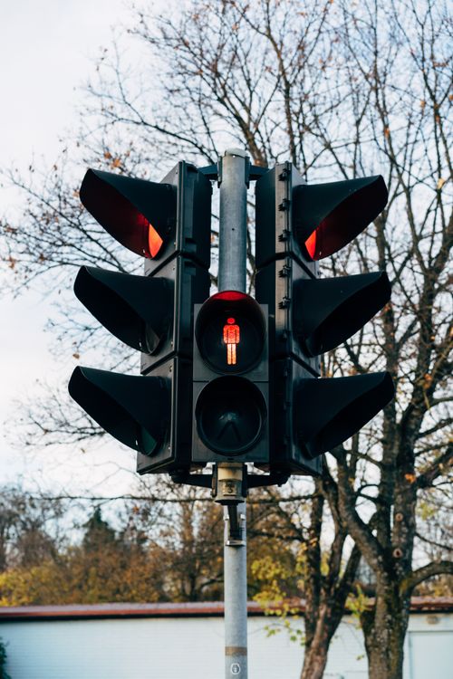 Free Traffic light showing red 'stop' signal against bare trees in winter setting. Stock Photo