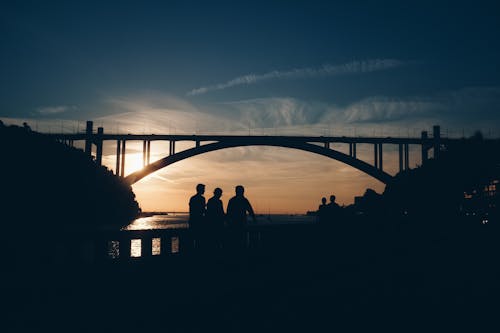 Silhouette of People Standing Near the Bridge