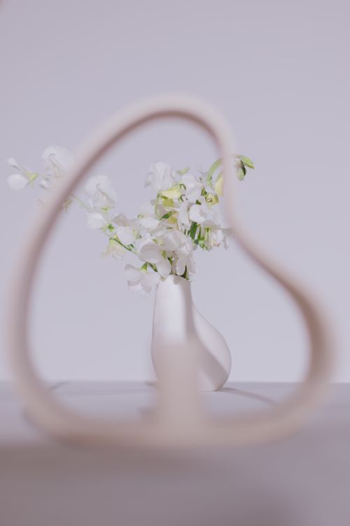 Free Artistic photo of a minimalist ceramic vase with white flowers framed by abstract shape. Stock Photo