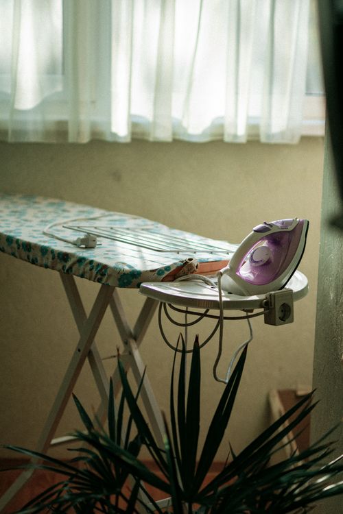 Free A well-lit ironing board and steam iron near a window with lush green plants. Stock Photo