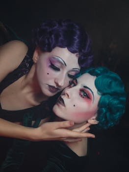 Artistic portrait of women in dramatic makeup and colored hair, exuding elegance and mystery.