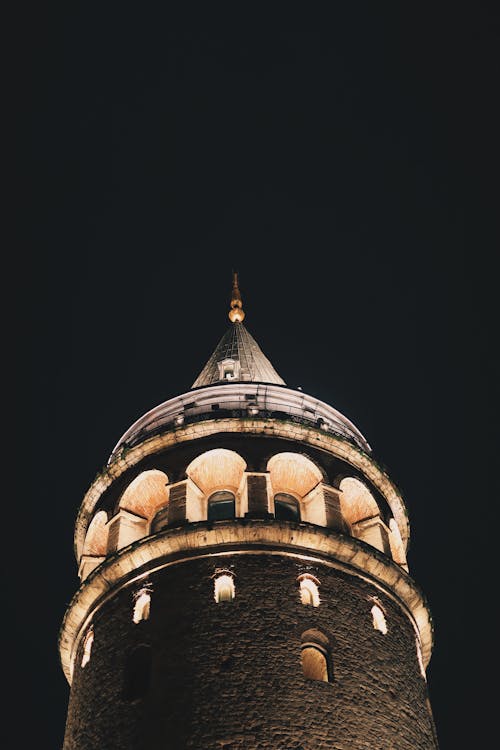 Free A Low Angle Shot of Galata Tower at Night Stock Photo