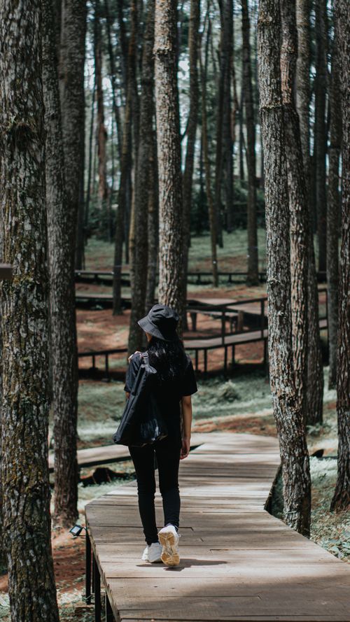 Free Woman walks on a forest pathway wearing a black outfit and bucket hat in serene nature setting. Stock Photo