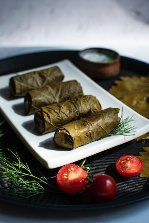 Free Close-up of traditional stuffed grape leaves on a white plate with fresh herbs and tomatoes. Stock Photo
