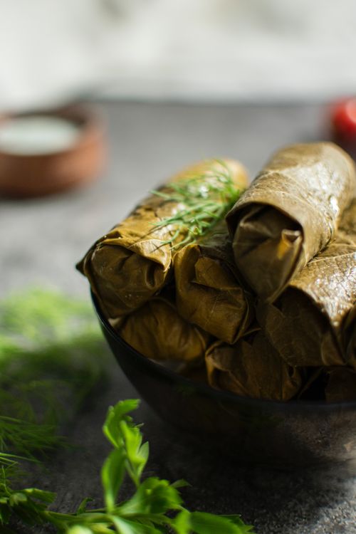 Free Close-up of freshly prepared stuffed grape leaves in a bowl, garnished with herbs. Stock Photo