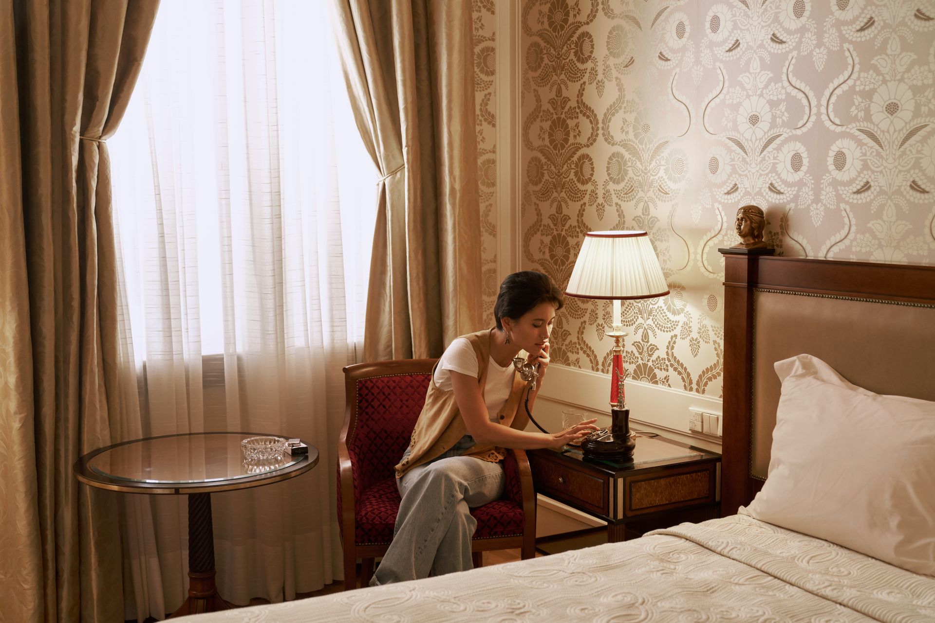 Sitting Woman Talking on Vintage Phone