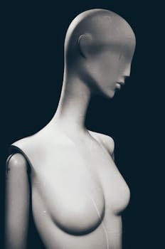 Abstract portrait of a mannequin head and torso against a dark backdrop.