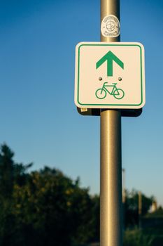 Vertical shot of a bicycle path sign on a pole pointing forward in a sunny urban environment.