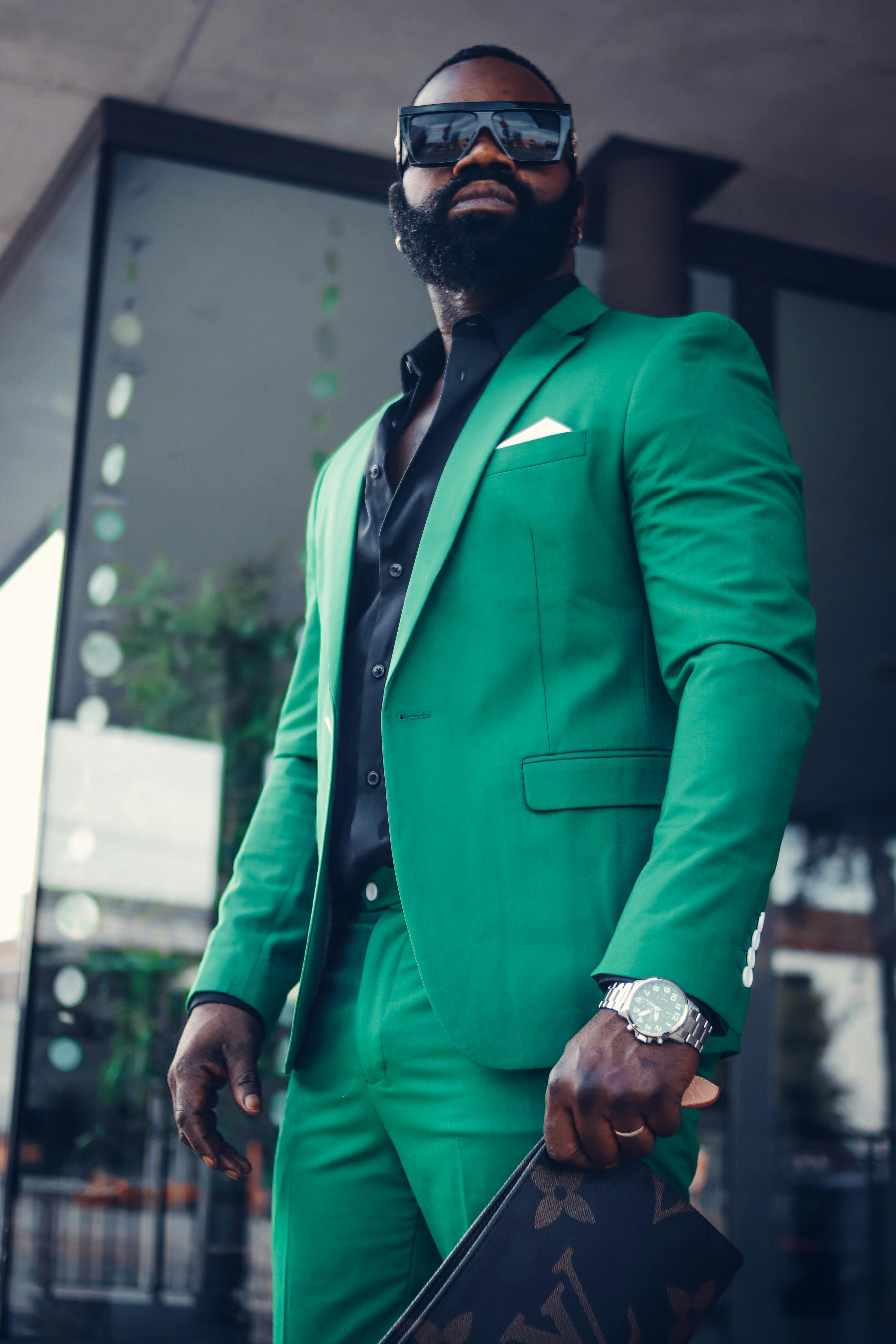 Green suit best sale with black shirt