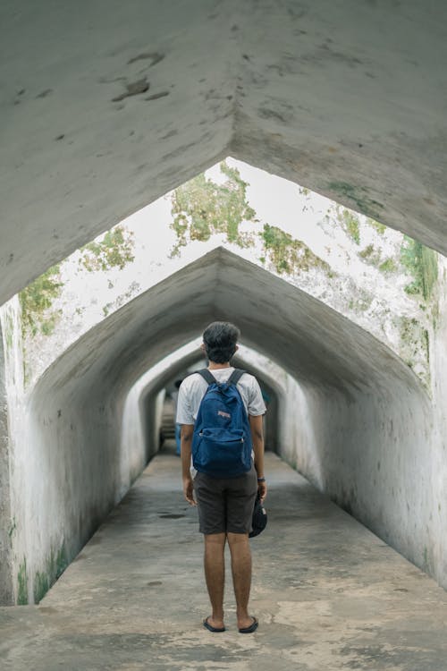 Free Back View of a Man Wearing a Blue Backpack Stock Photo