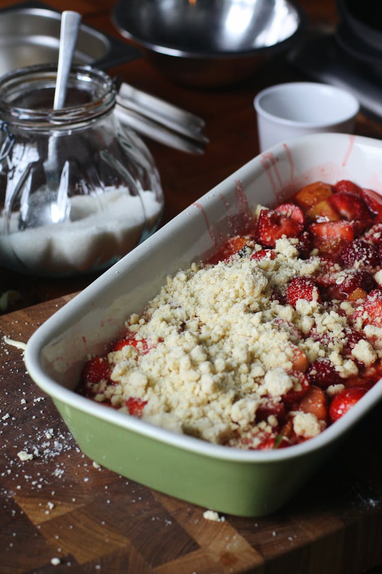 Strawberry Crumble Prepared In Rectangle Casserole Dish